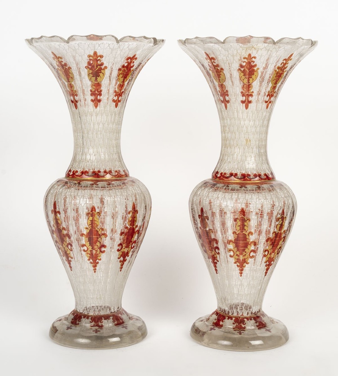 Pair Of Bohemian Crystal Vases With Enameled Decoration – Historicist Style, Late 19th Century