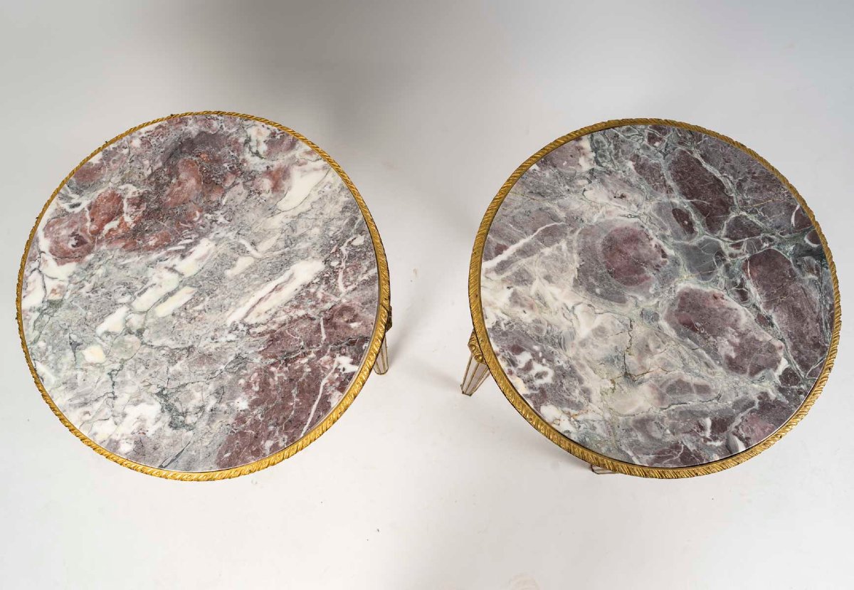 Pair Of Carved And Gilded Wooden Gueridons, Marble Top, Louis XVI Style, Early 20th Century-photo-3