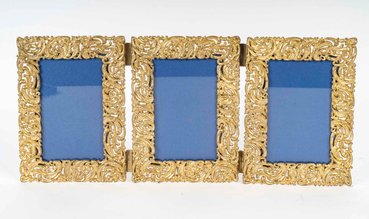 Cadre triptyque en métal doré ajouré – Style Rococo – Époque début XXᵉ siècle-photo-3
