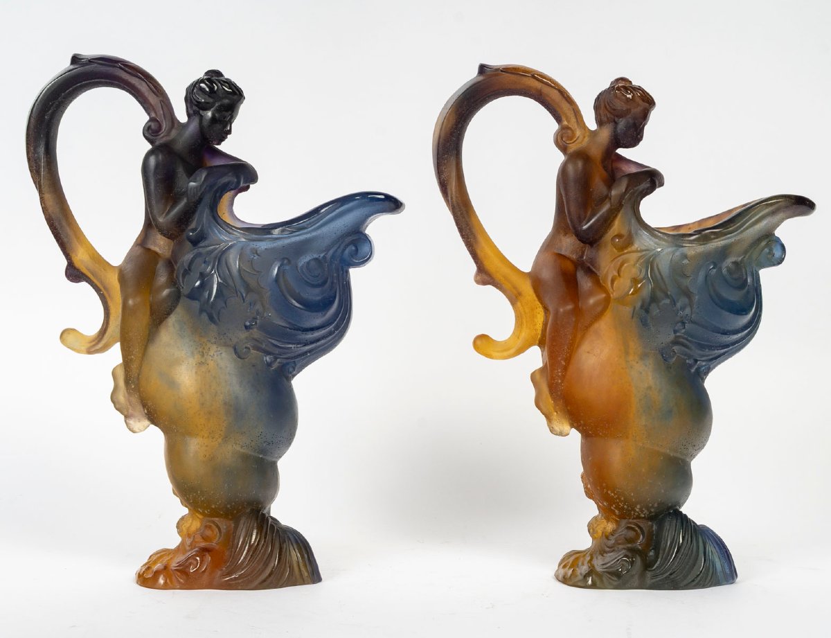 Pair Of Glass Paste Ewers Signed Daum France – Art Nouveau-photo-3