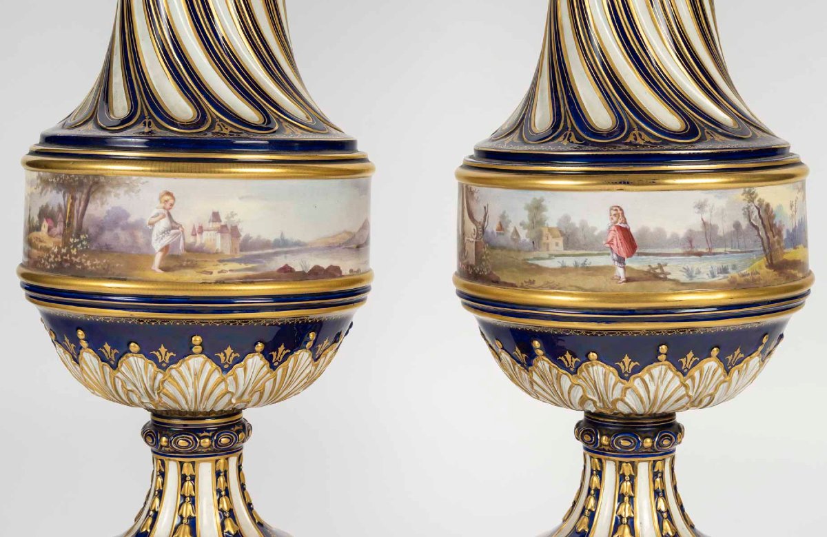 Pair Of Large Twisted Vases In Painted And Gilded Porcelain, 19th Century-photo-4
