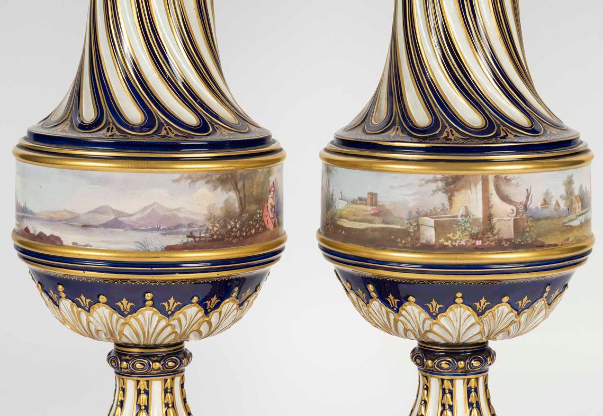 Pair Of Large Twisted Vases In Painted And Gilded Porcelain, 19th Century-photo-6