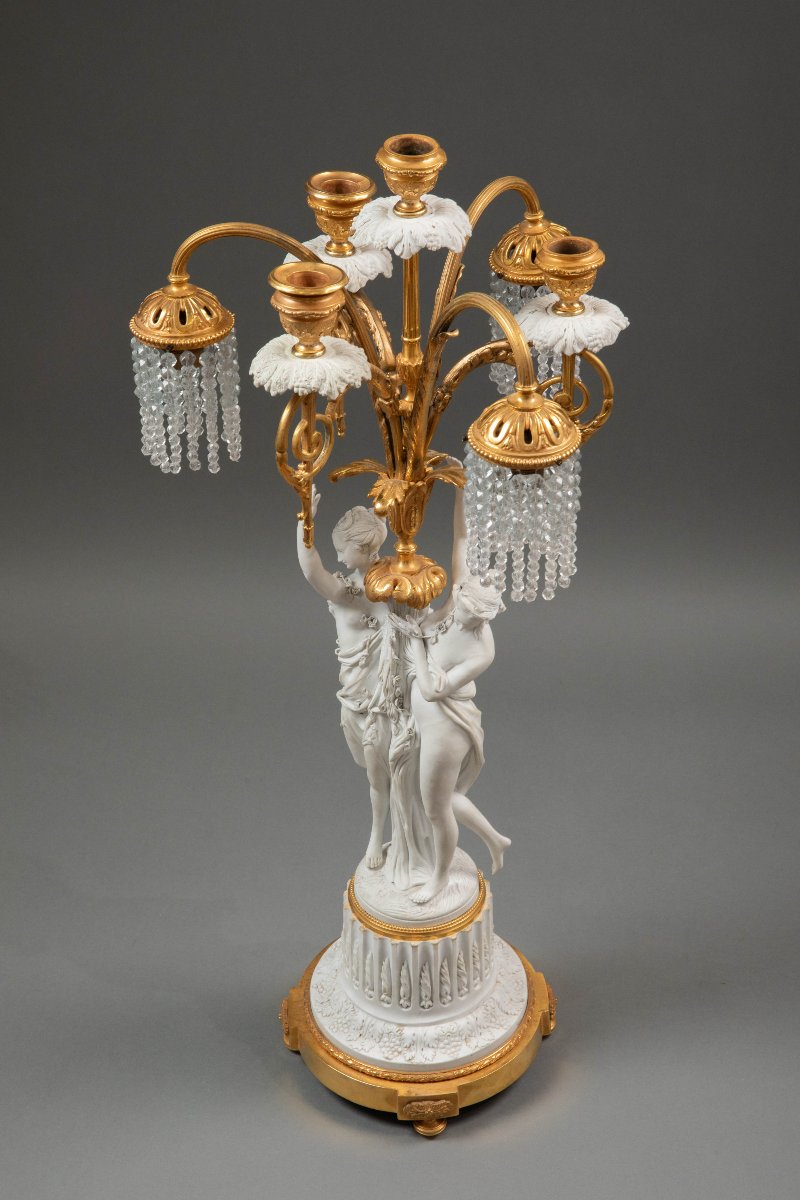 Garniture de trois pièces en biscuit et bronze doré, XIXᵉ siècle-photo-7