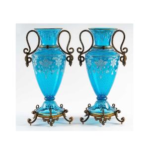 Beautiful Pair Of Enamelled Blue Crystal Vases, Flower And Bronze Decor
