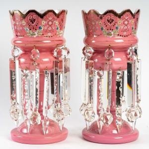 Very Nice Pair Of Pink Opaline Pineapple Holders, Enamel Decor