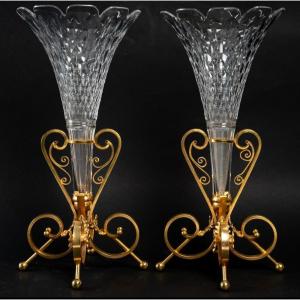 Magnificent And Large Pair Of Cornet In Cut Baccarat Crystal And Gilt Bronze
