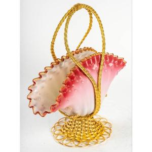 Elegant And Rare Pink And White Opaline Basket With Gilt Bronze Ornamentation