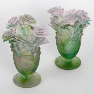 Beautiful Pair Of Daum Vase In Glass Paste, Signed