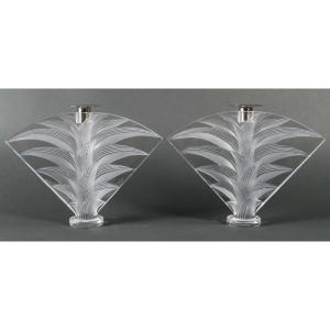 Magnificent Pair Of Lalique Crystal Candlesticks, Signed Lalique France, 20th Century.