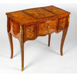 Magnificent Dressing Table In Veneer Wood With Flower Marquetry Decor