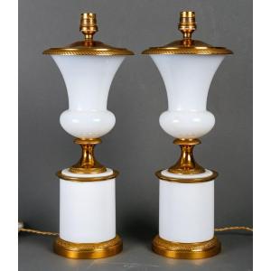 Pair Of French Opaline Lamps, Bronze Frame, Electrified.