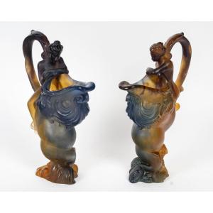 Paire d’aiguières en pâte de verre signées Daum France – Art Nouveau