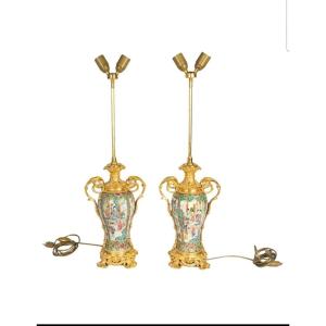 Pair Of Canton Porcelain And Gilt Bronze Oil Lamps, 19th Century 
