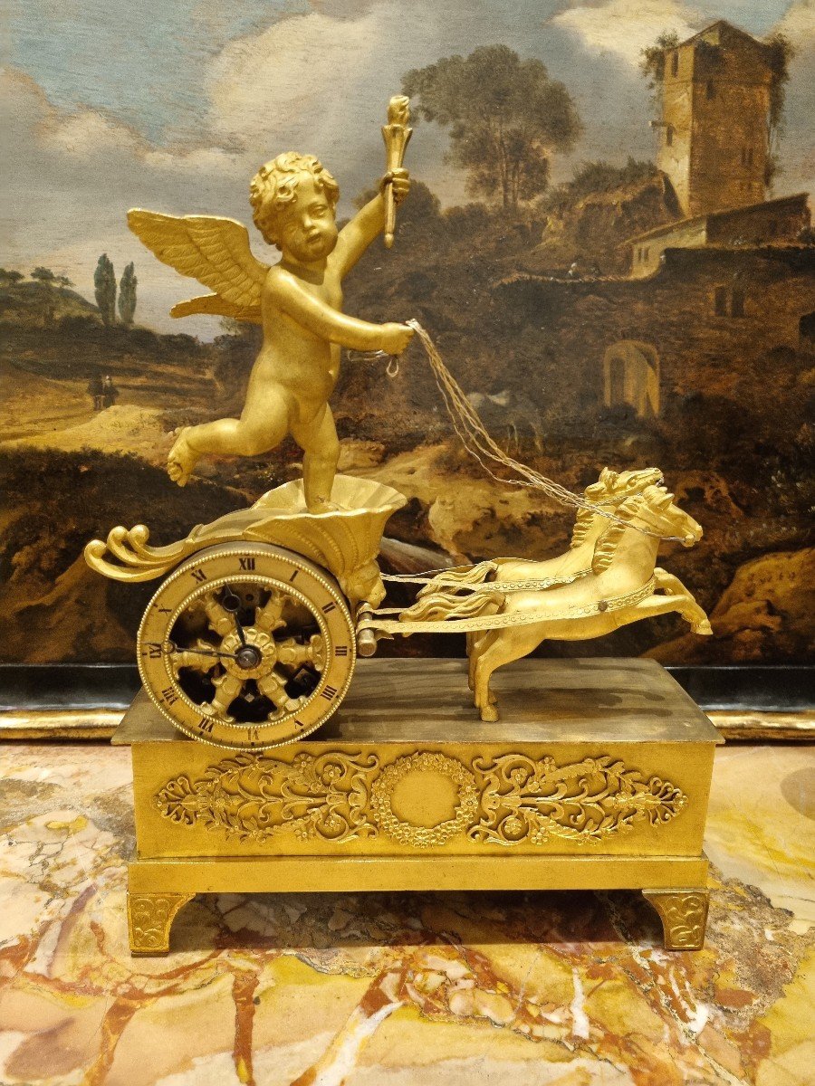 Empire Clock Circa 1810 Cupid With Allegory Battle Tank On