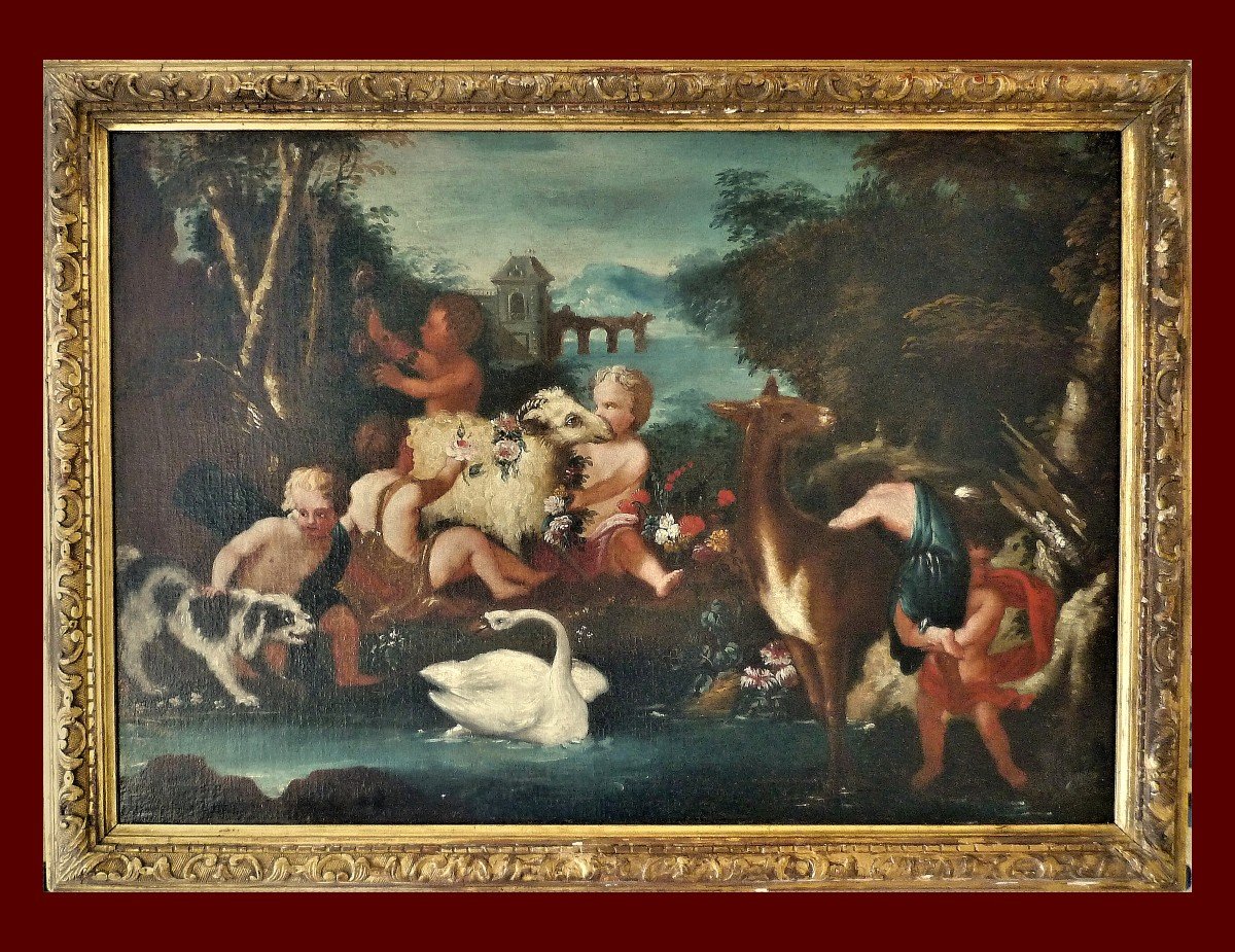 French Master Late 17th C. Putti Playing Oil On Canvas 61 X 85 Cm