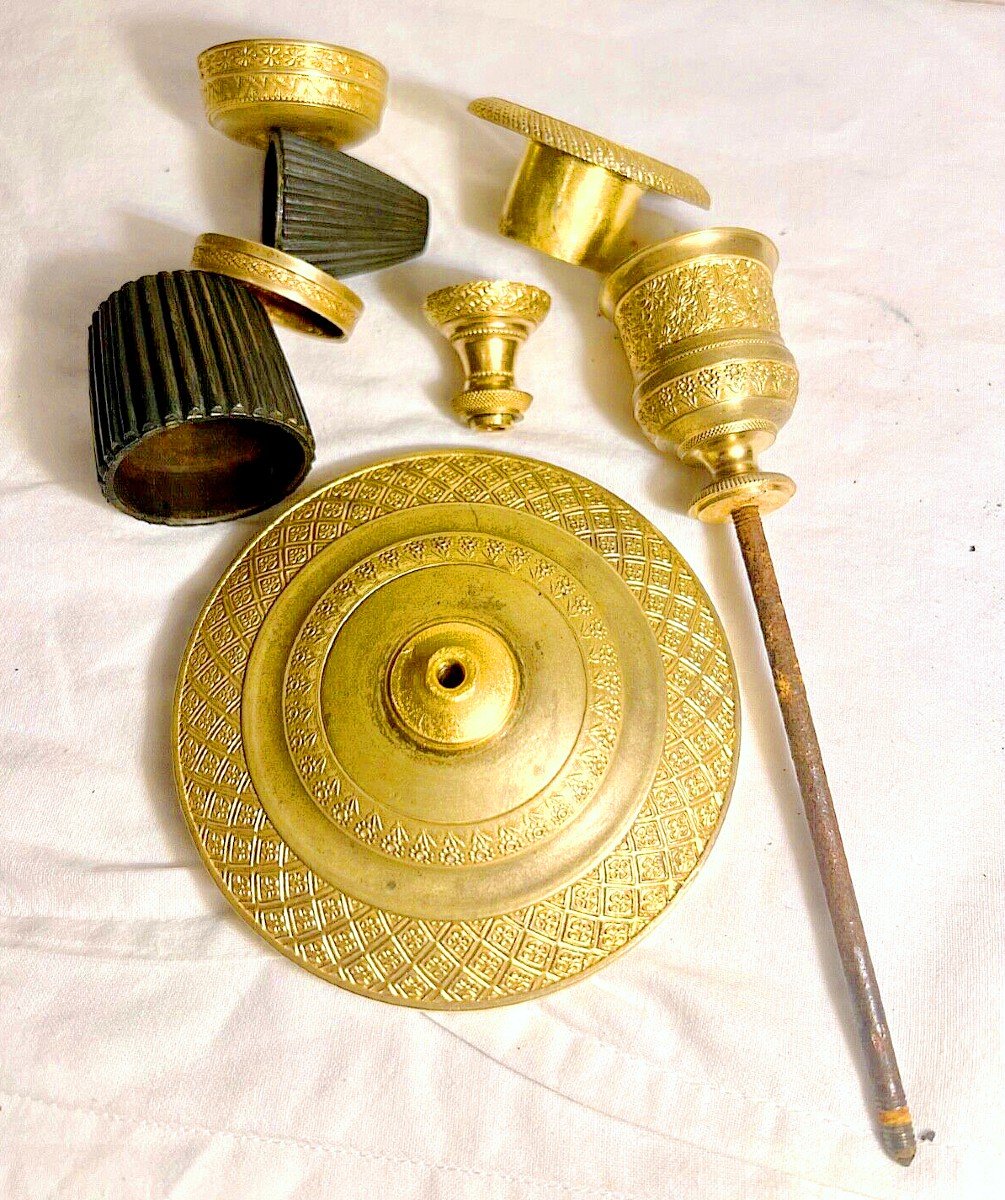 Empire Pair Candlesticks Circa 1820 H. 17.5 Cm Gilt Bronze-photo-1