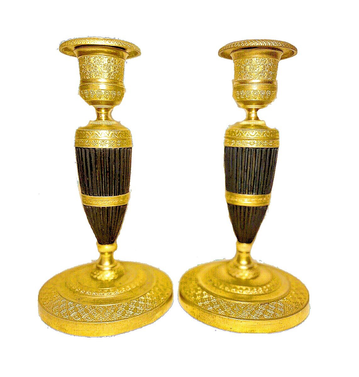 Empire Pair Candlesticks Circa 1820 H. 17.5 Cm Gilt Bronze