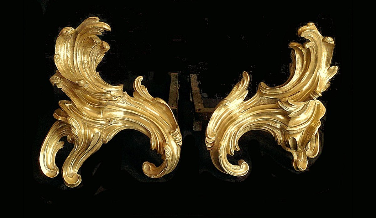 Chenets Louis XV 18ème Siècle  Bronze Doré  H. 28 Cm, L. 35 Cm, P. 27 Cm -photo-2