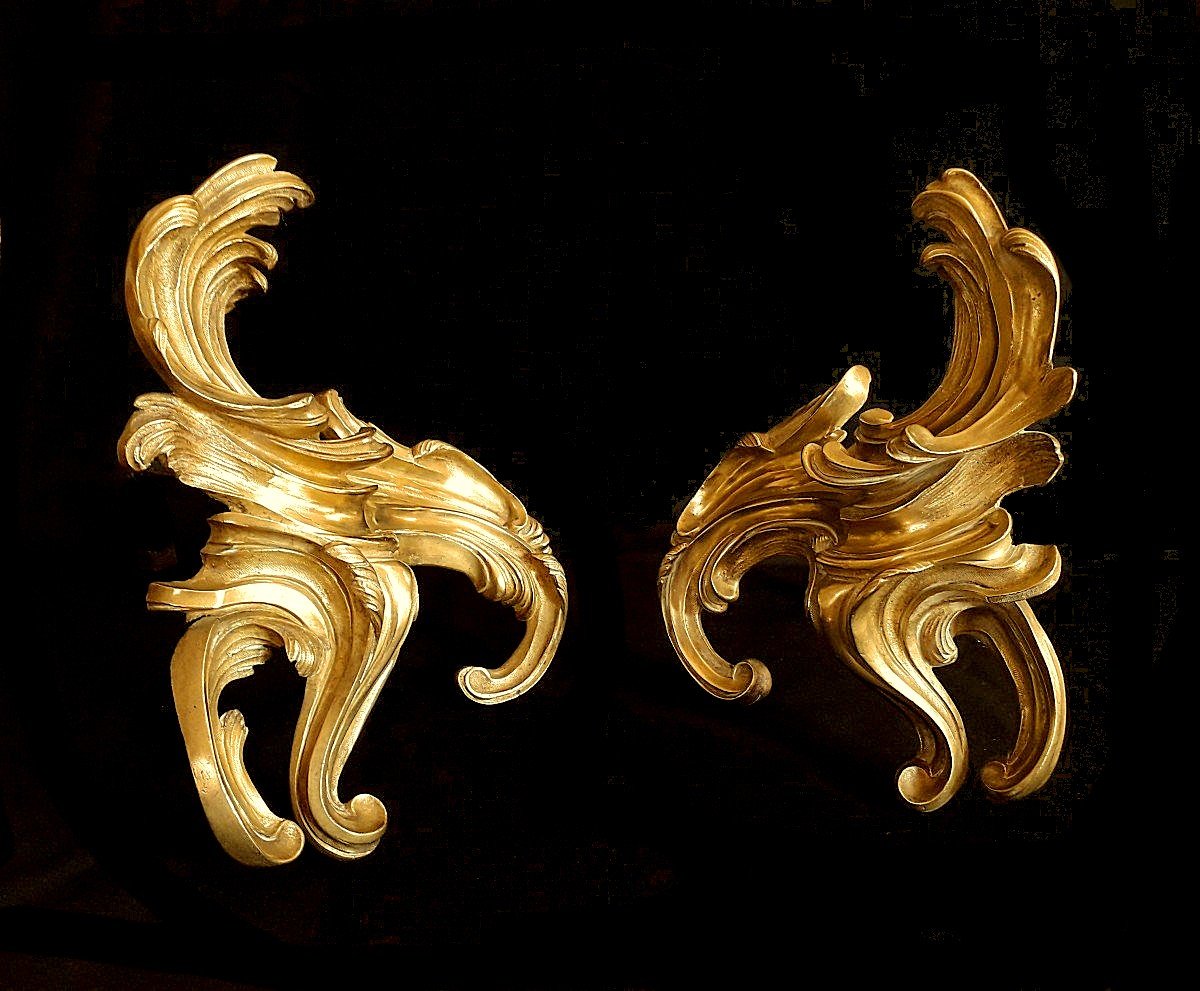 Chenets Louis XV 18ème Siècle  Bronze Doré  H. 28 Cm, L. 35 Cm, P. 27 Cm -photo-4