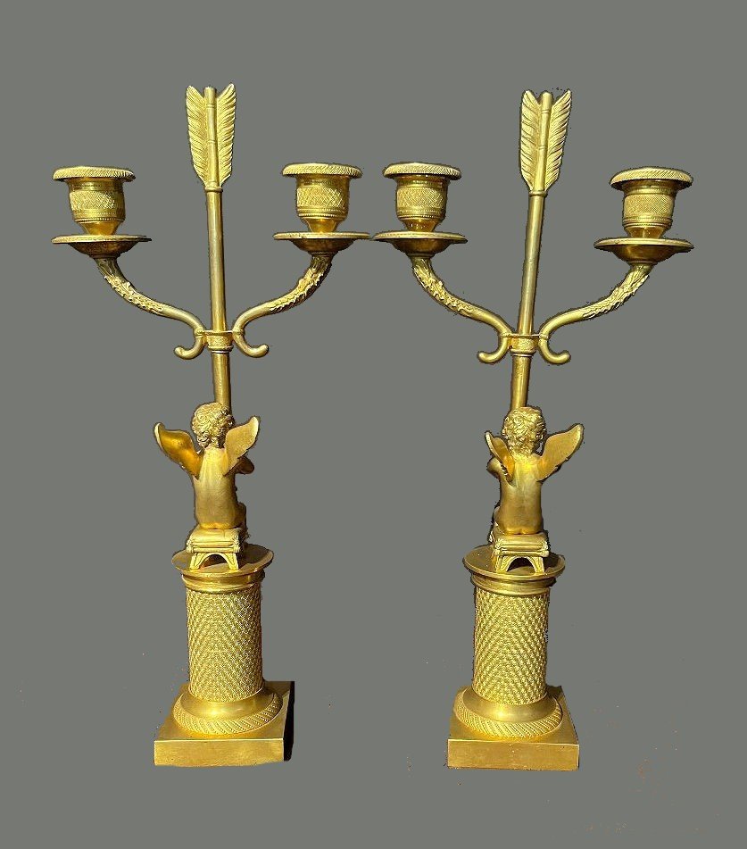 Candelabras Girandoles Empire Circa 1800 H. 36.5 Cm Sitting Putti-photo-2