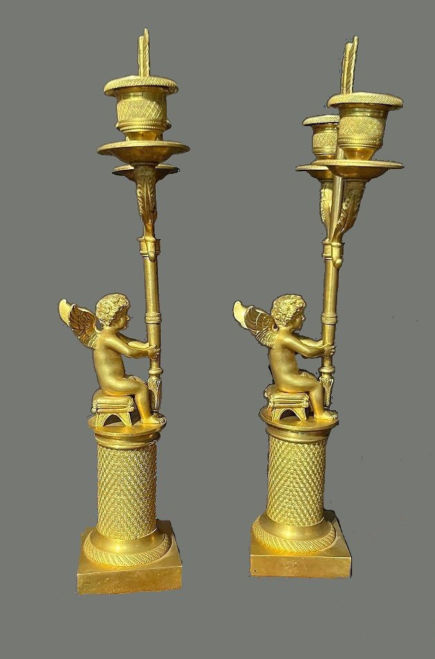 Candelabras Girandoles Empire Circa 1800 H. 36.5 Cm Sitting Putti-photo-3