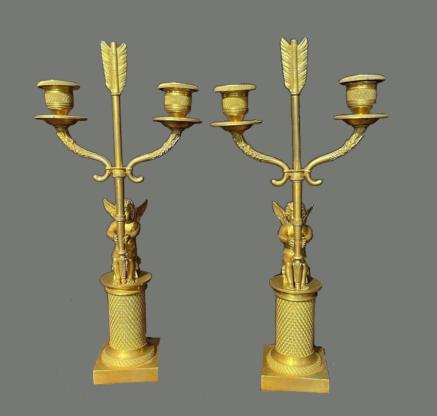 Candelabras Girandoles Empire Circa 1800 H. 36.5 Cm Sitting Putti-photo-4