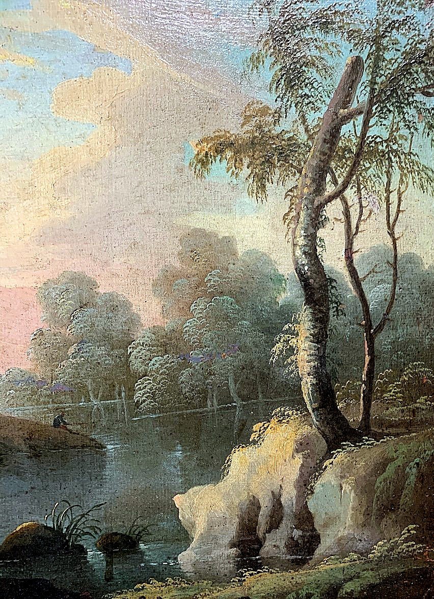 Jean-baptiste Pillement 1728-1808 Attr. River Landscape With Waterfall Oil On Canvas 50 X 42 Cm-photo-2