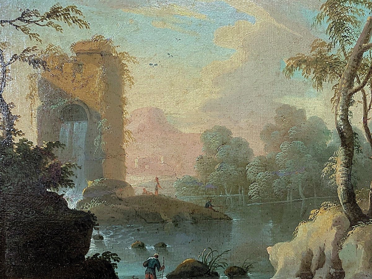 Jean-baptiste Pillement 1728-1808 Attr. River Landscape With Waterfall Oil On Canvas 50 X 42 Cm-photo-4