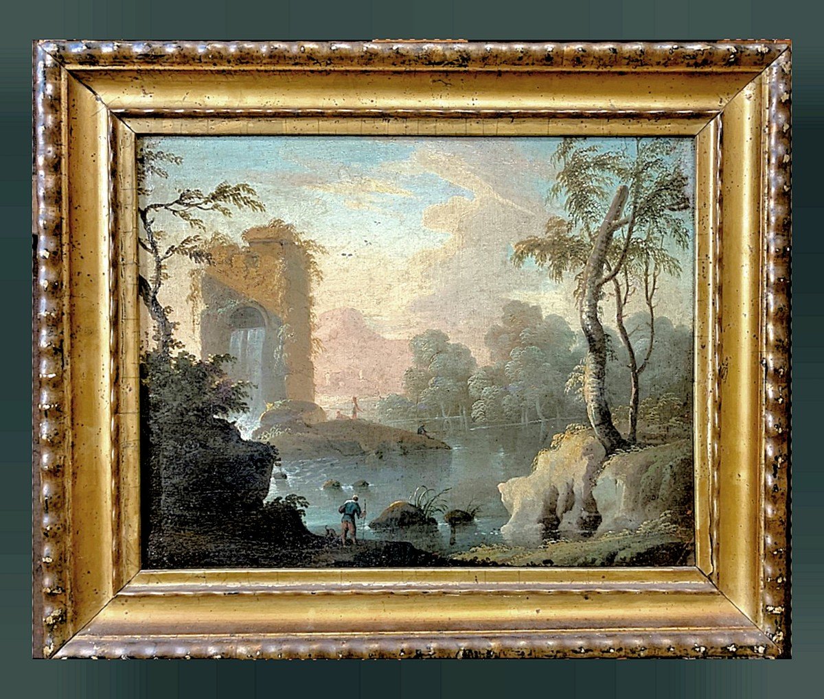 Jean-baptiste Pillement 1728-1808 Attr. River Landscape With Waterfall Oil On Canvas 50 X 42 Cm