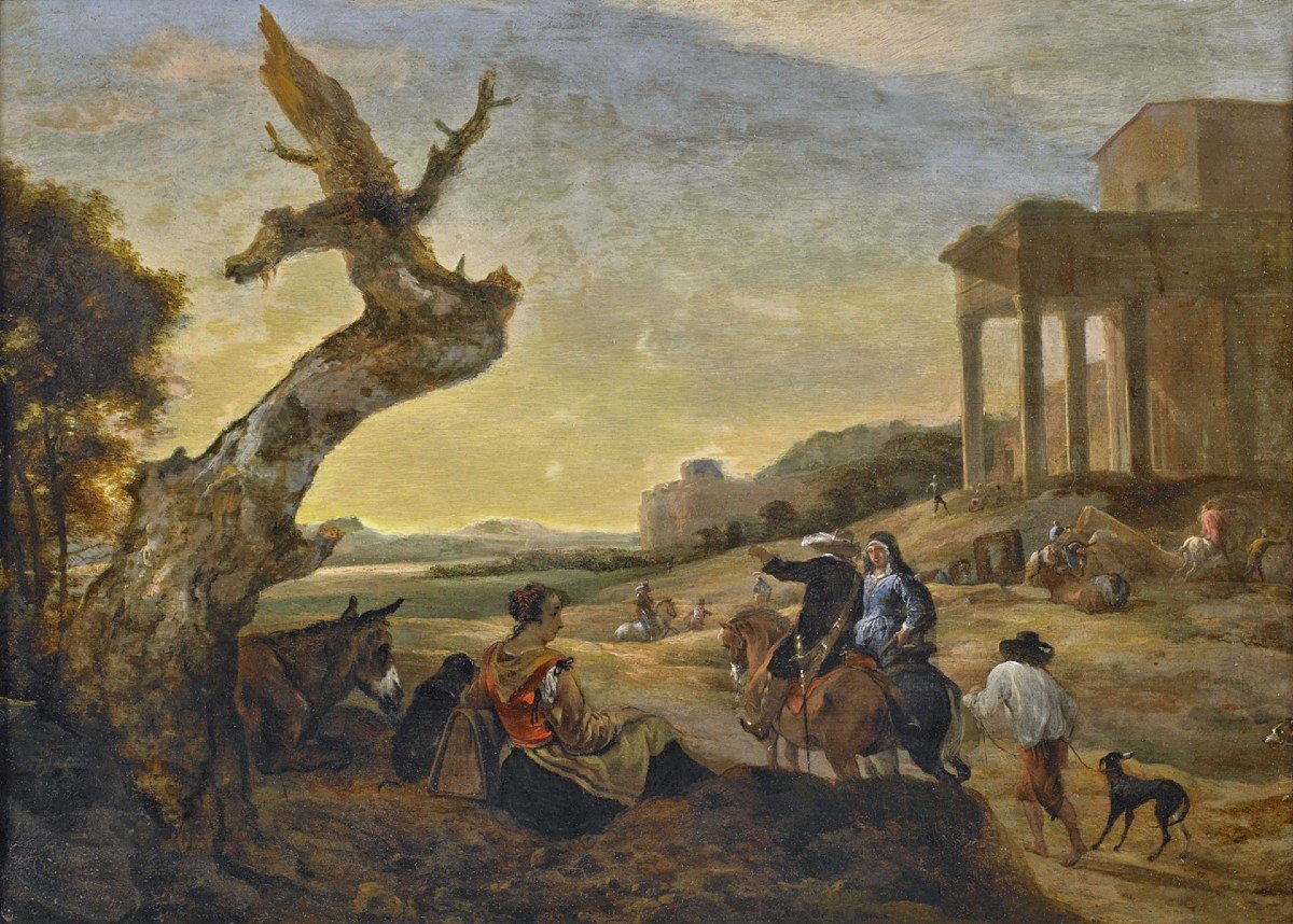 Jan Baptist Weenix (1621 -1660 )  Paysage italien avec personnages   Signé Gio Batta Weenix-photo-4