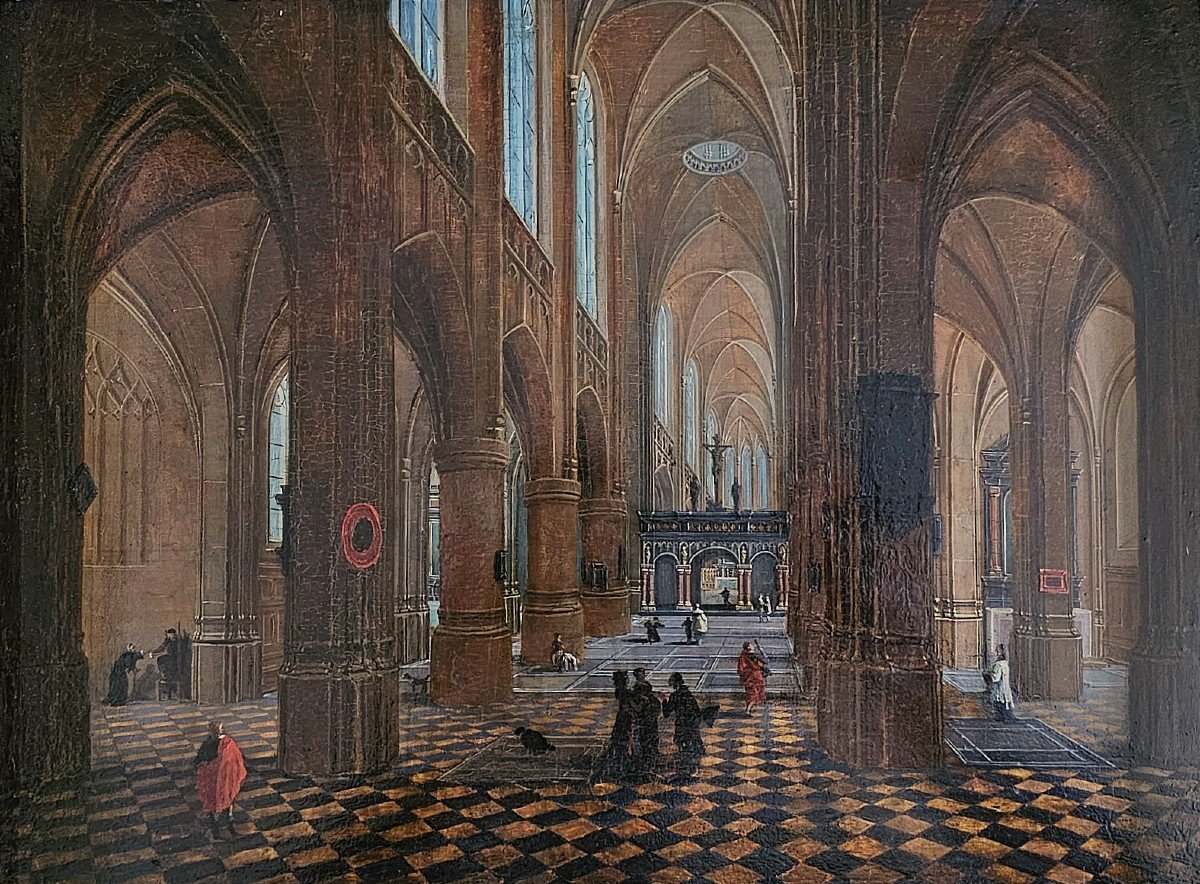 Johann Ludwig Ernst Morgenstern 1738-1819   Intérieur d'église   Huile Sur Bois 37 X 28 Cm -photo-3