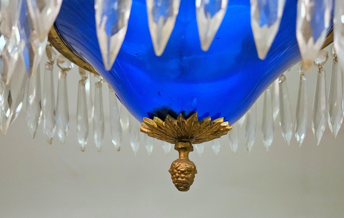 Lustre Empire 19ème Siècle.  Verre Bleu Cobalt  H.60 Cm, D.46 Cm -photo-2