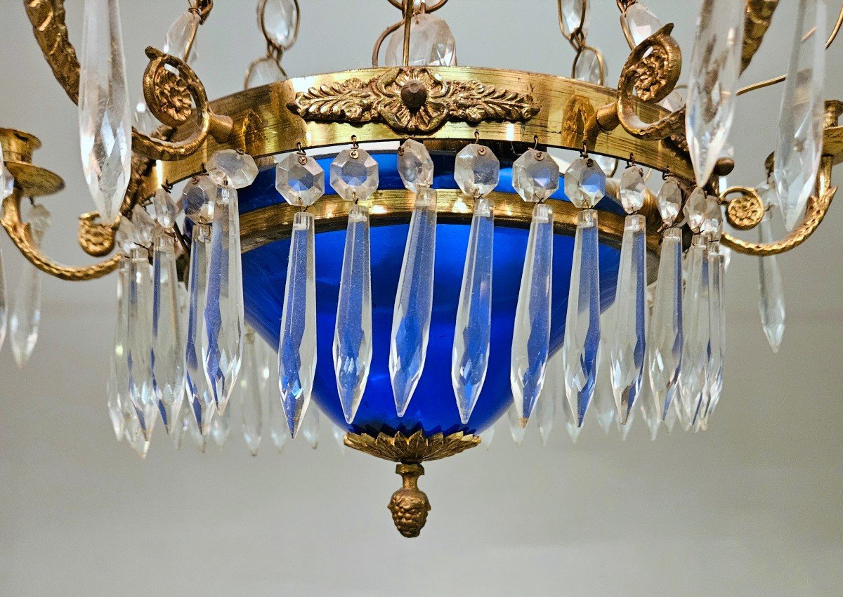 Lustre Empire 19ème Siècle.  Verre Bleu Cobalt  H.60 Cm, D.46 Cm -photo-3