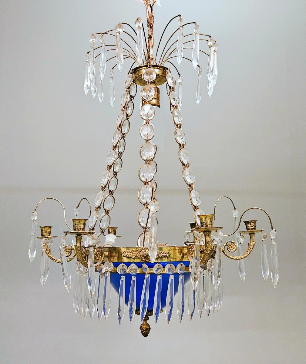 Lustre Empire 19ème Siècle.  Verre Bleu Cobalt  H.60 Cm, D.46 Cm 