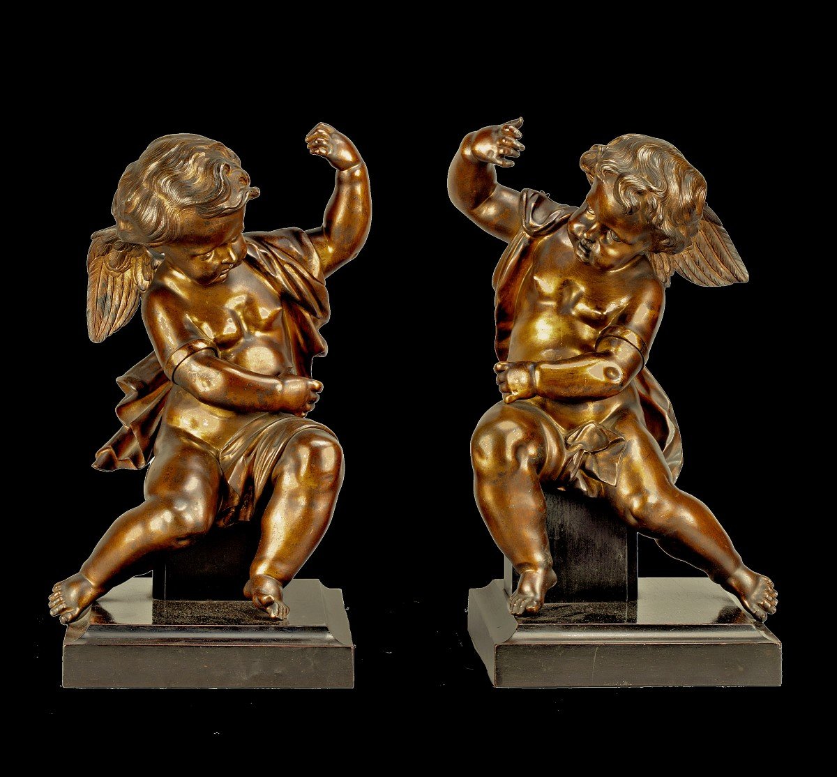 Pair Of Bronze Sculptures The Seated Angels Jean-baptiste Pigalle Attr. Around 1750 H. 45 Cm-photo-4