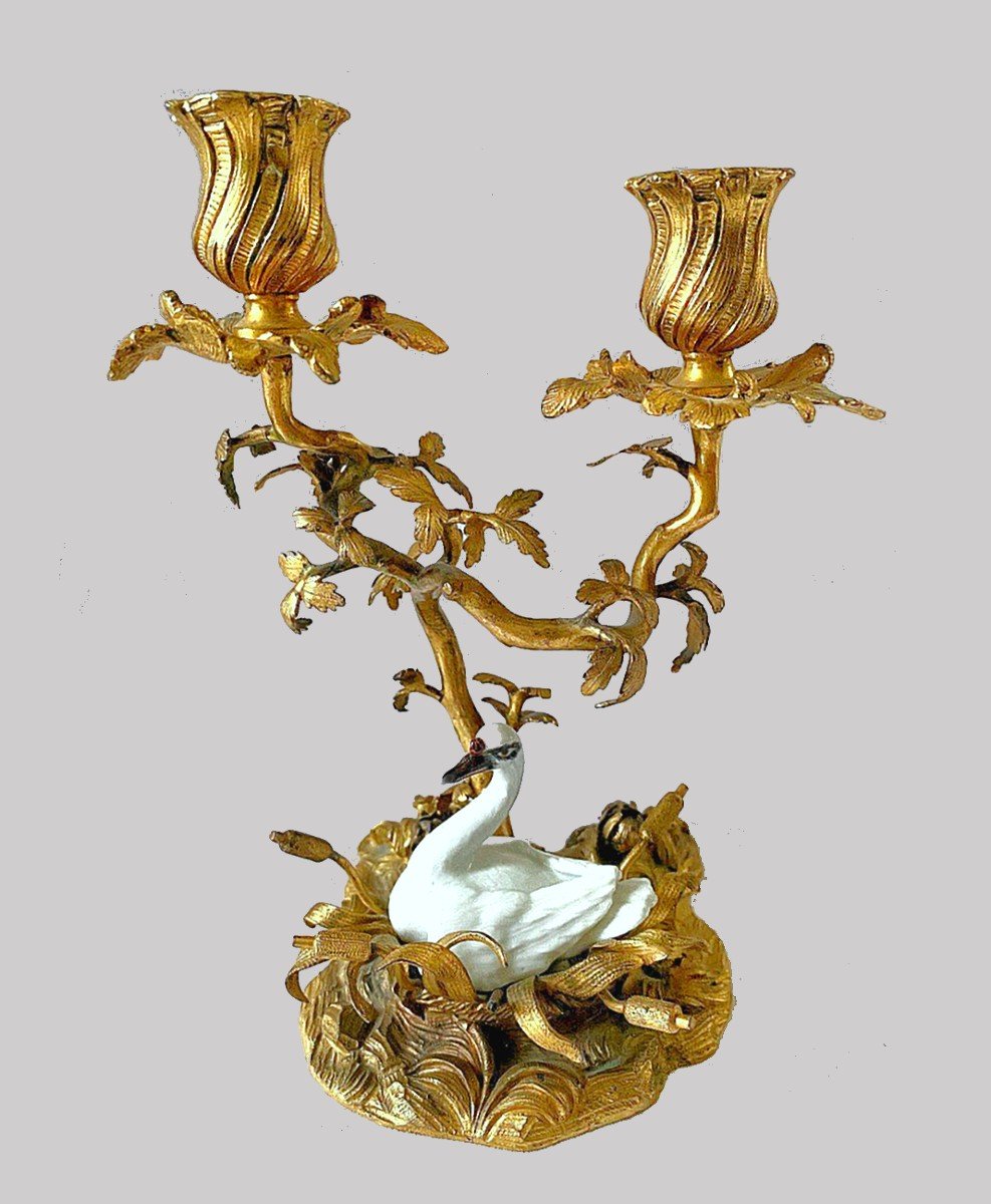Gilt Bronze Candlestick With Swan Meissen Porcelain Model By Johann Joachim Kaendler 1750-photo-4