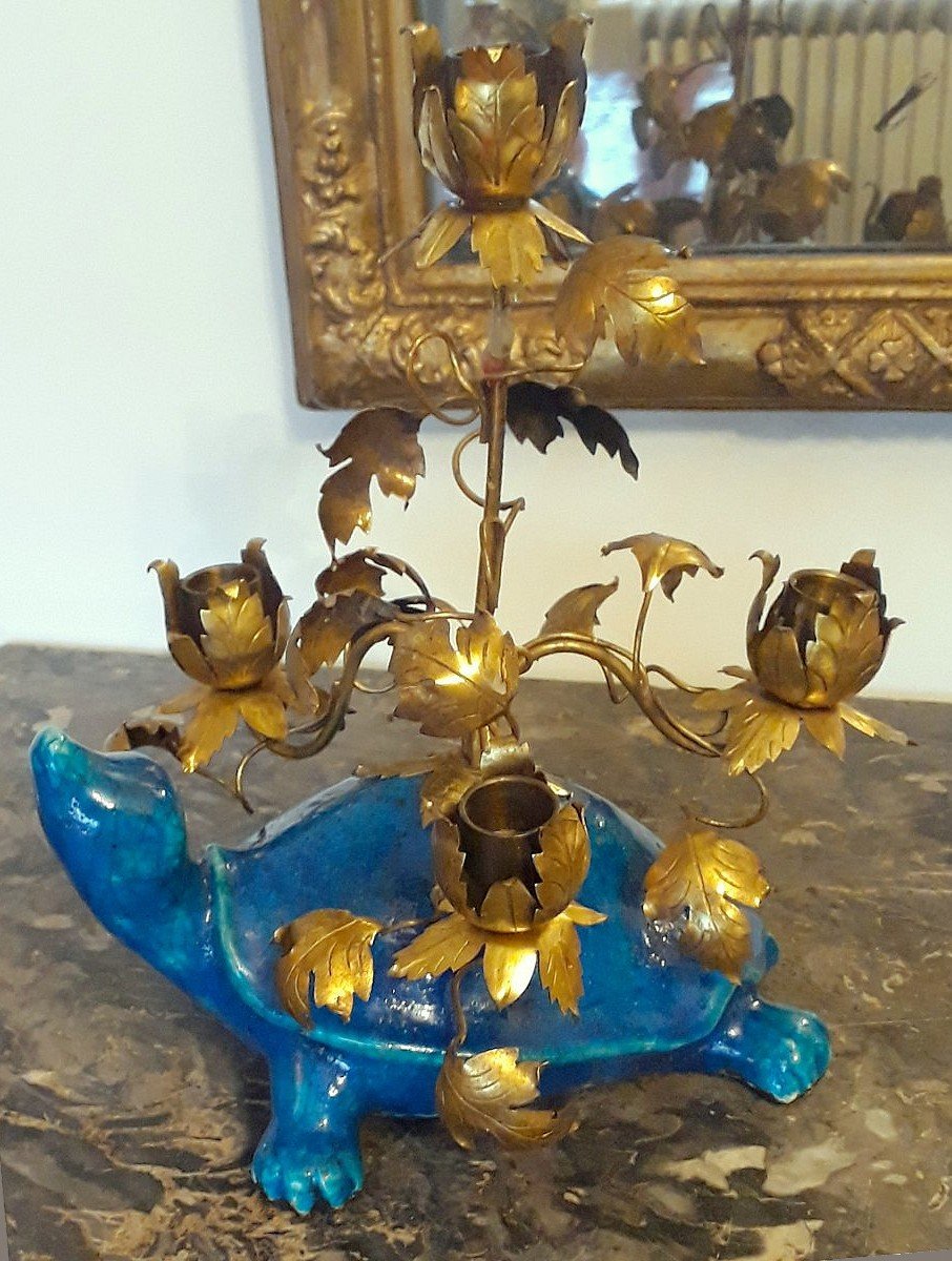 Gilt Bronze Candlestick Ceramic: Japanese, Meiji Period, Awaji - 19th Century-photo-1
