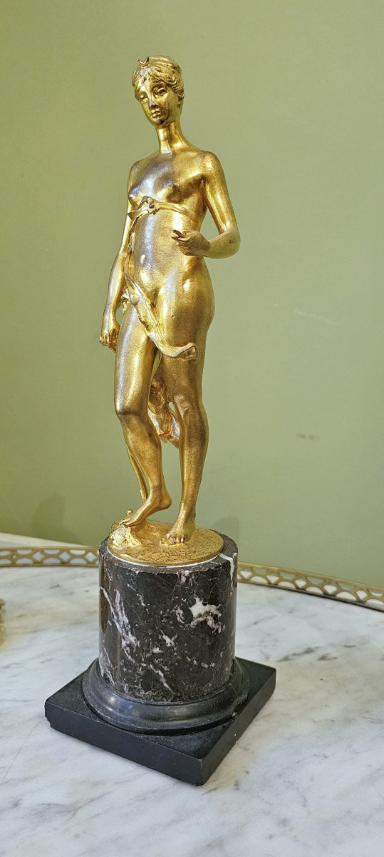 Diana Sculpture en bronze doré sur Colonne De Marbre Empire Vers 1810 H. 33,5 Cm-photo-6
