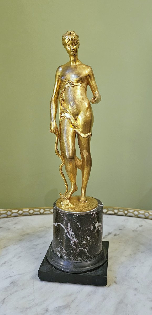 Diana Sculpture en bronze doré sur Colonne De Marbre Empire Vers 1810 H. 33,5 Cm-photo-7