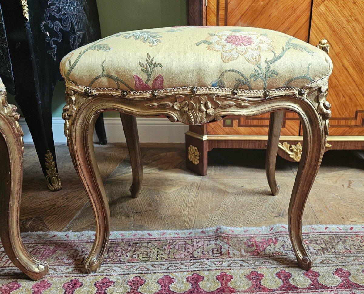 Pair Of Louis XV Stools Around 1750 H. 52 Cm, L. 40 Cm, L. 50 Cm -photo-1