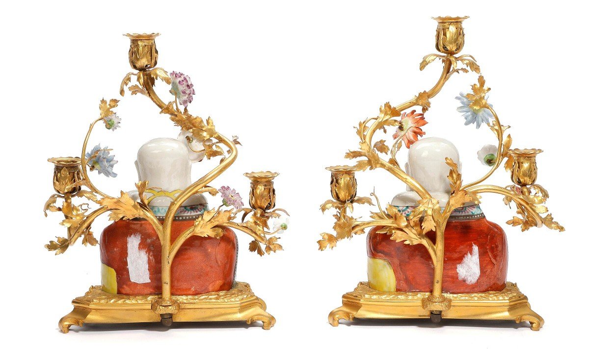 Chandelier Paire Louis XV Buddhas Yongzheng (1723-1735)  et la porcelaine Vincennes 1745 -photo-1