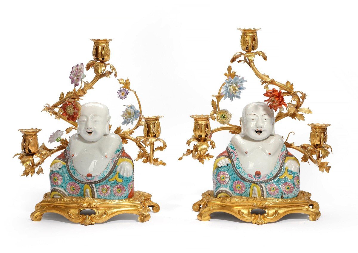 Chandelier Paire Louis XV Buddhas Yongzheng (1723-1735)  et la porcelaine Vincennes 1745 