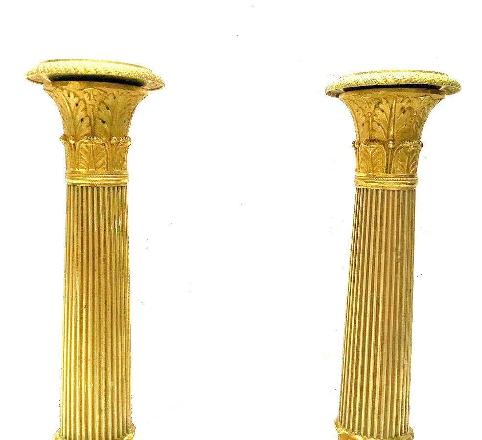 Bougeoirs Empire Vers 1820 Estampillée Gf Gérard-jean Galle (1788-1846) Bronze Doré H. 27,5 Cm -photo-1