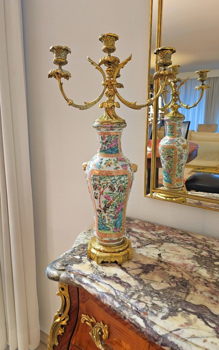 Candélabre 19ème Siècle. Napoléon III. Le Vase Porcelaine Canton Chine Dynastie Qing  H. 54 Cm-photo-2