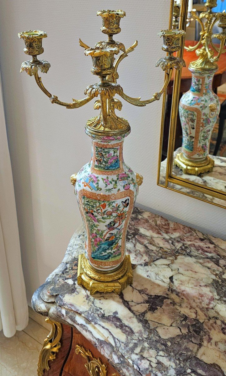 Candélabre 19ème Siècle. Napoléon III. Le Vase Porcelaine Canton Chine Dynastie Qing  H. 54 Cm-photo-4