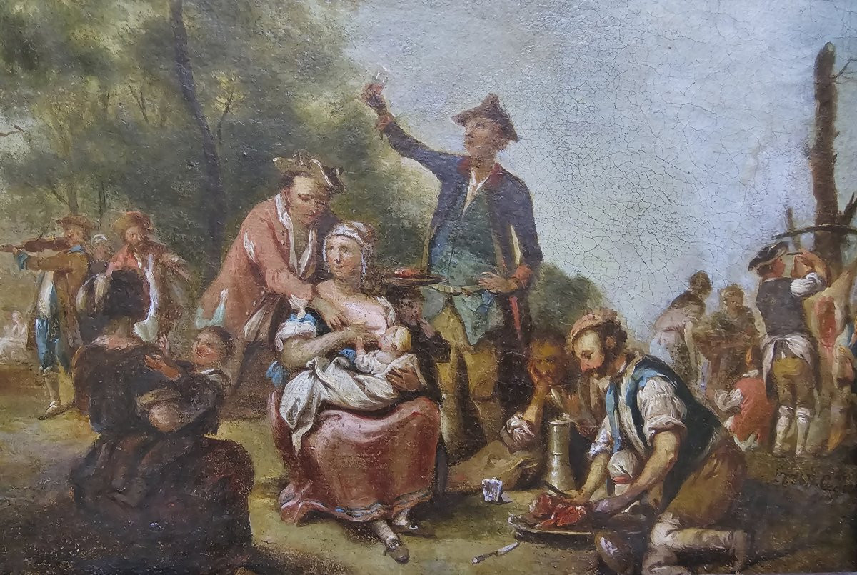 Johann Conrad Seekatz 1719 Grünstadt - 1768 Darmstadt La fête de l'abattage  Signé et daté 1736-photo-5