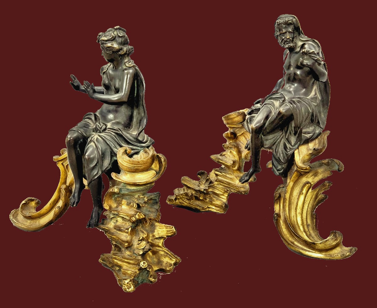 Paire chenets Vulcain et Vénus Louis XV vers 1730 Jacques Caffieri attr.  L. 40 cm, H. 37 cm