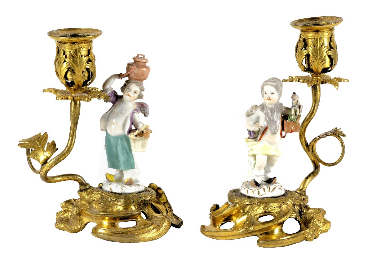 Pair Of Meissen Porcelain Candlesticks With Louis XV Bronze Mounts Circa 1760 -photo-2