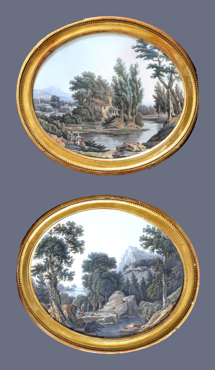 Jean-baptiste Pourcelly Active From 1791 To 1802 A Pair Of Landscapes Gouache Signed