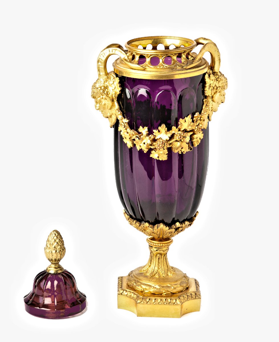 Potpourri Vase Verre Couleur améthyste Louis XVI H. 32 cm bronze doré-photo-2